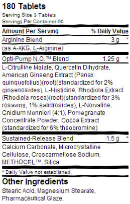 Optimum Nutrition Opti-Pump N.O. facts panel