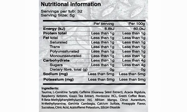 Body War Nutrition Body Shred facts panel Body War Nutrition Body Shred facts panel