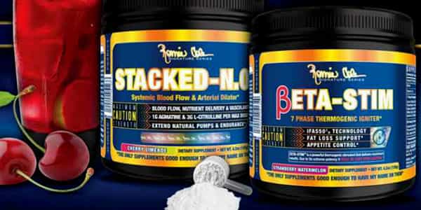 Ronnie Coleman's flavored Stacked-N.O. and Beta-Stim pictured
