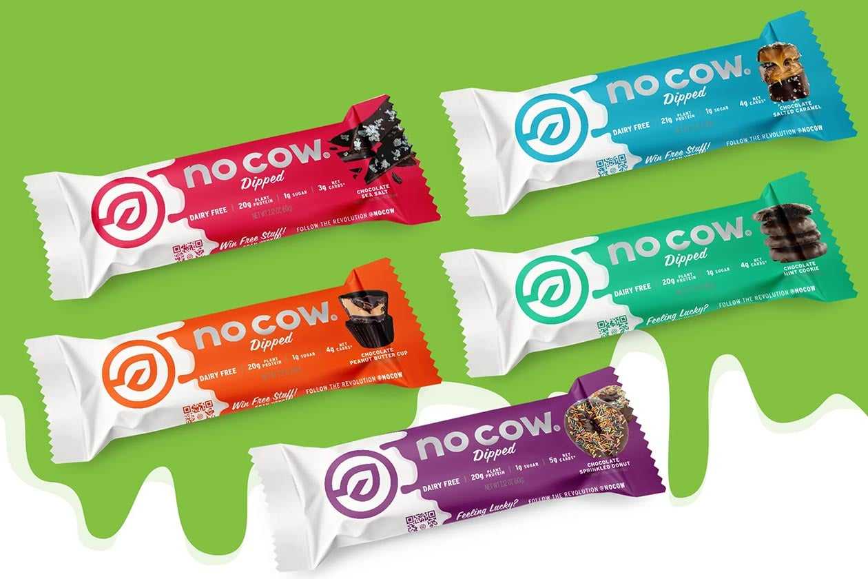 No Cow Dipped Protein Bar is a plant protein snack covered in chocolate