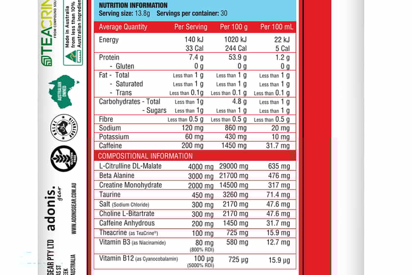 Adonis Big Energy Pre Workout Label