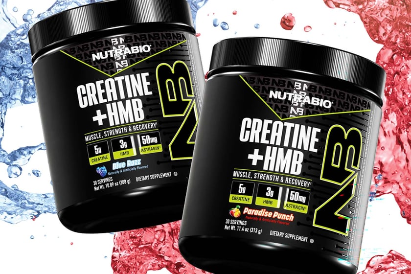 NutraBio Creatine + HMB in Paradise Punch and Blue Razz flavors