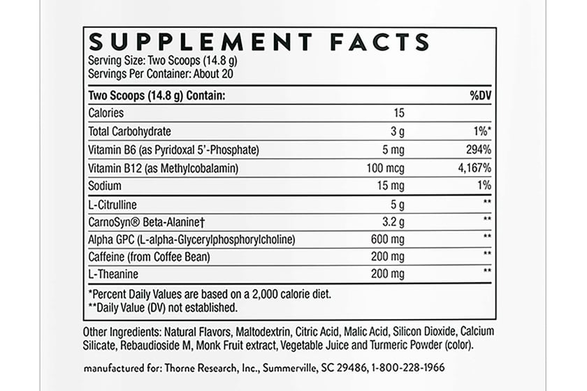 Thorne Advanced Pre Workout Label