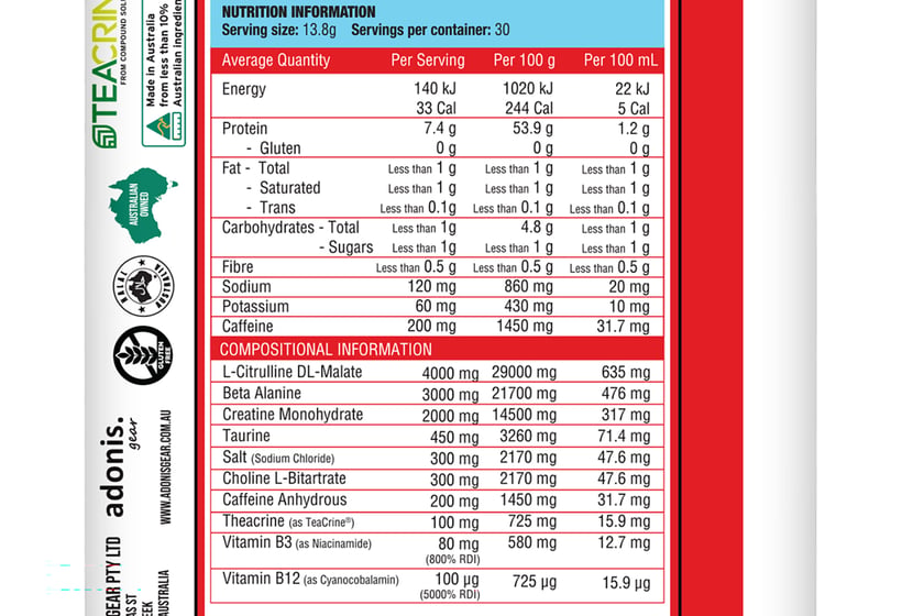 Adonis Big Energy Pre Workout Label
