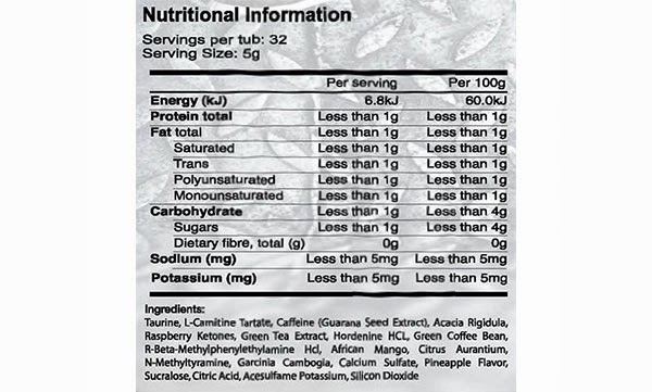 Body War Nutrition Body Shred facts panel