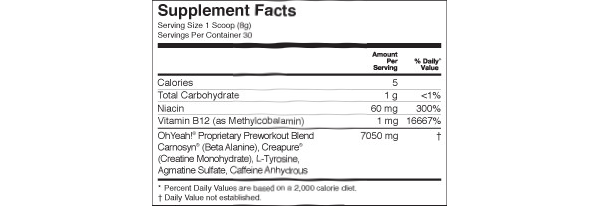 Oh Yeah Nutrition Rush facts panel Oh Yeah Nutrition Rush facts panel
