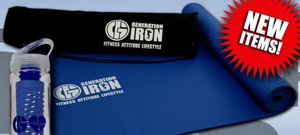 The latest Generation Iron merchandise, fitness mat and fusion bottle