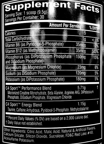 Facts panel photographed of Cellucor's new pre-workout C4 Sport Facts panel photographed of Cellucor's new pre-workout C4 Sport