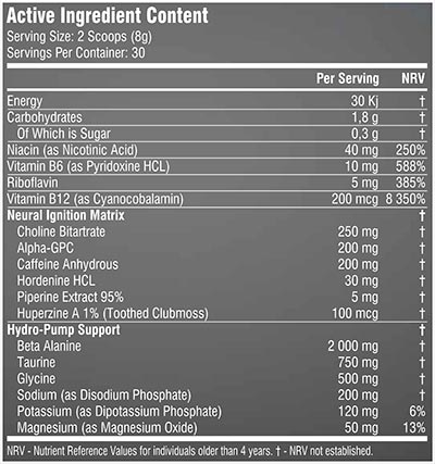 SSA Supplements Hellfire Neuro 240g - Nutritional Information