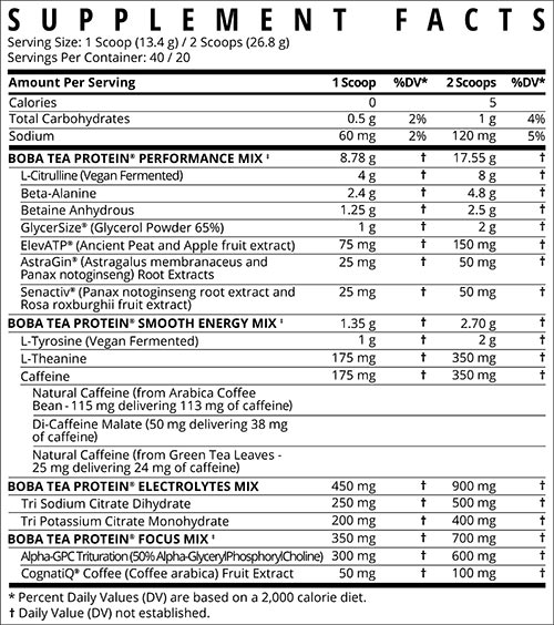 Boba Tea Protein High Stim Pre Workout Label