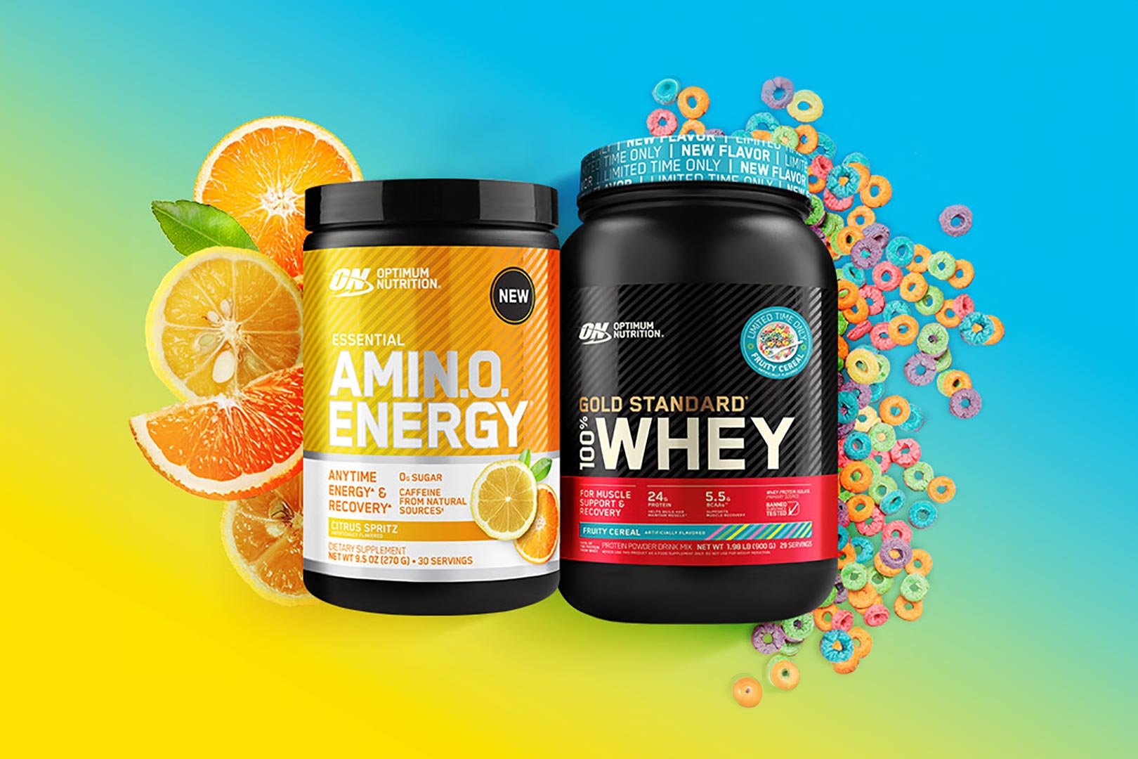 Optimum Nutrition Fruity Cereal Gold Standard Whey And Citrus Spritz Amino Energy