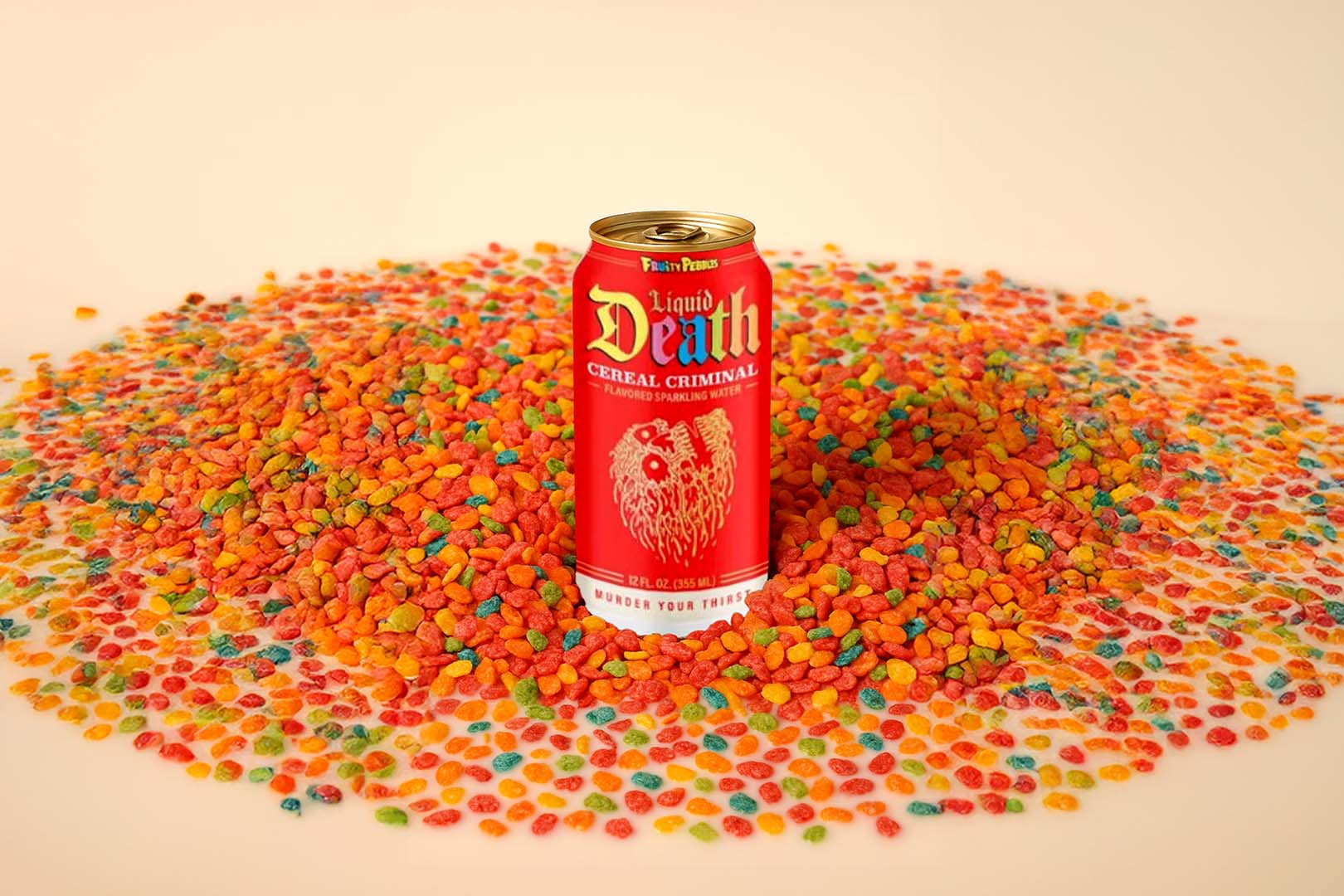 Authentic Fruity Pebbles flavor surfaces of Liquid Death’s sparkling water