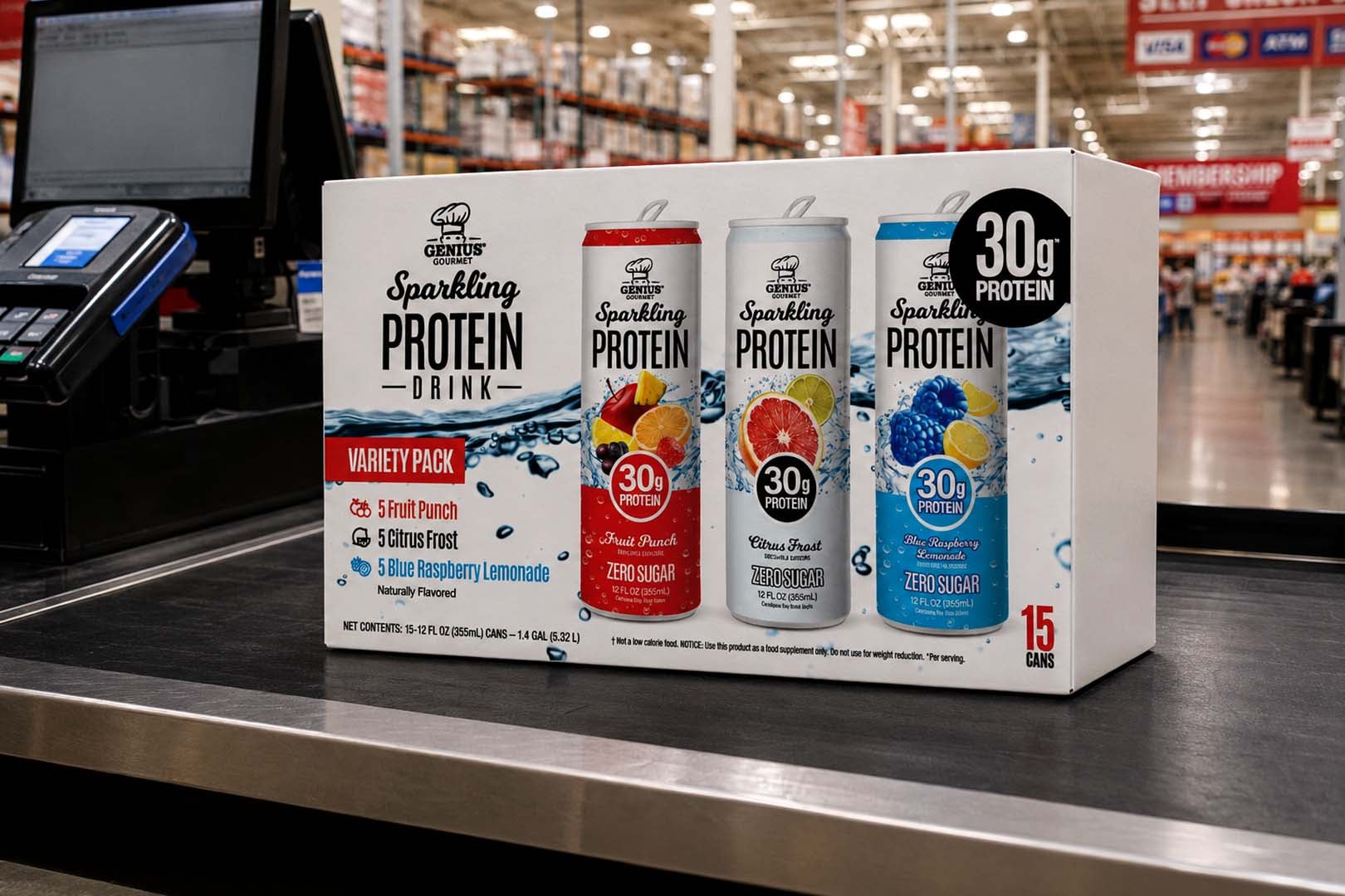 Genius Gourmet Sparkling Protein Drink 15 pack at Costco